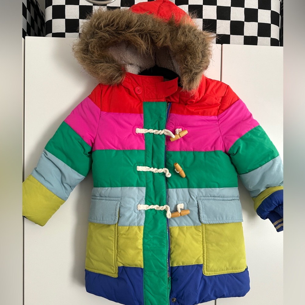 Mini Boden Rainbow Stripe Duffle Coat Toddler size 3-4 Y